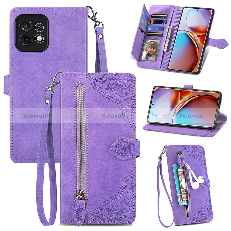 Leather Case Stands Flip Cover Holder S06D for Motorola Moto Edge 40 Pro 5G Purple