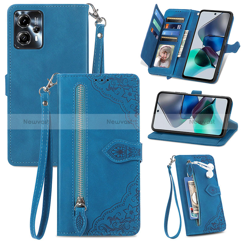 Leather Case Stands Flip Cover Holder S06D for Motorola Moto G13 Blue