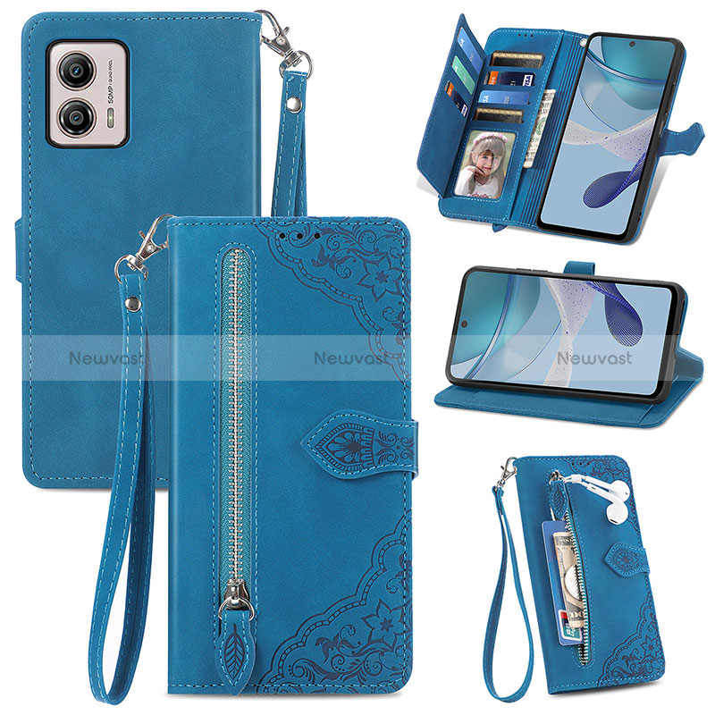 Leather Case Stands Flip Cover Holder S06D for Motorola Moto G53y 5G Blue