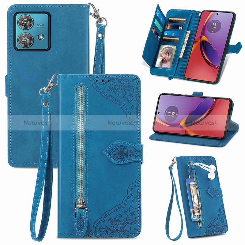 Leather Case Stands Flip Cover Holder S06D for Motorola Moto G84 5G Blue