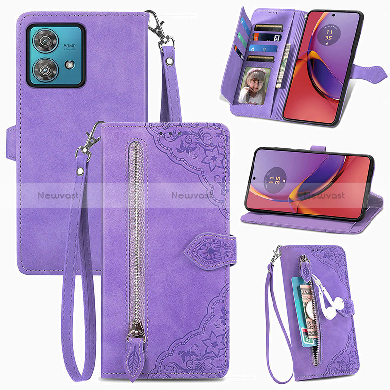 Leather Case Stands Flip Cover Holder S06D for Motorola Moto G84 5G Purple