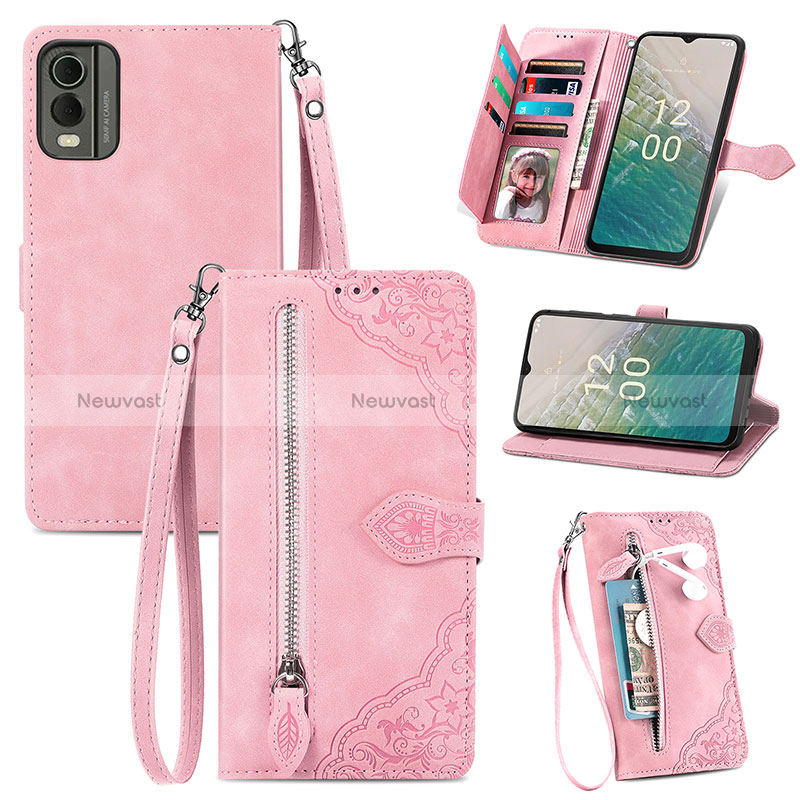 Leather Case Stands Flip Cover Holder S06D for Nokia C210 Pink