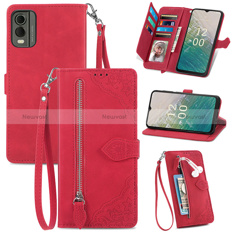 Leather Case Stands Flip Cover Holder S06D for Nokia C32 Red