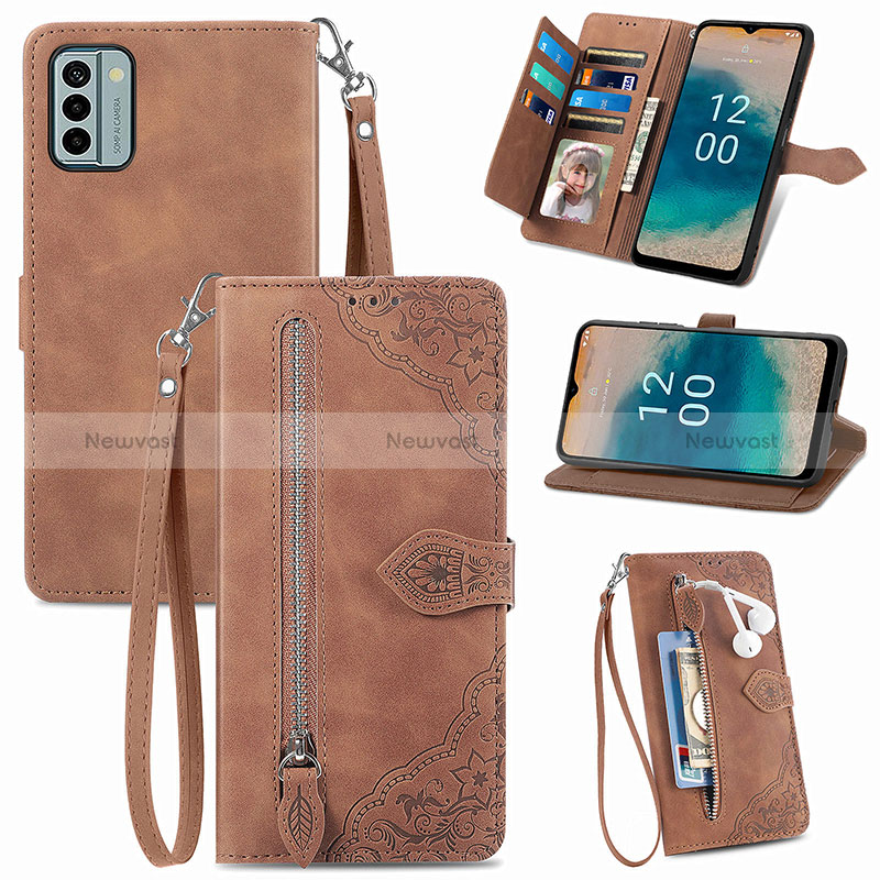 Leather Case Stands Flip Cover Holder S06D for Nokia G22 Brown