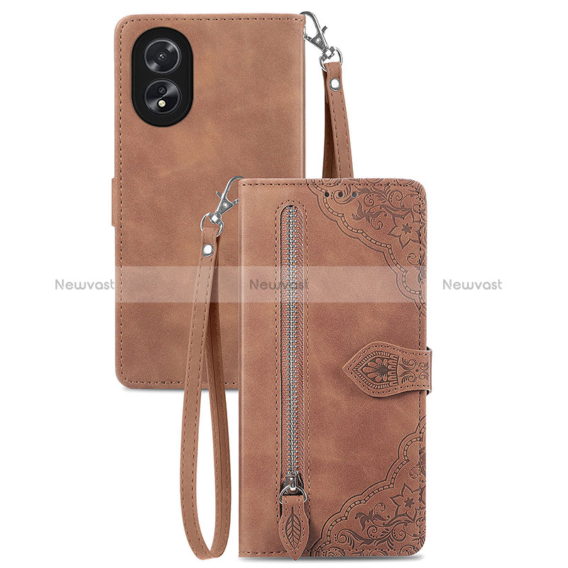 Leather Case Stands Flip Cover Holder S06D for Oppo A18 Brown