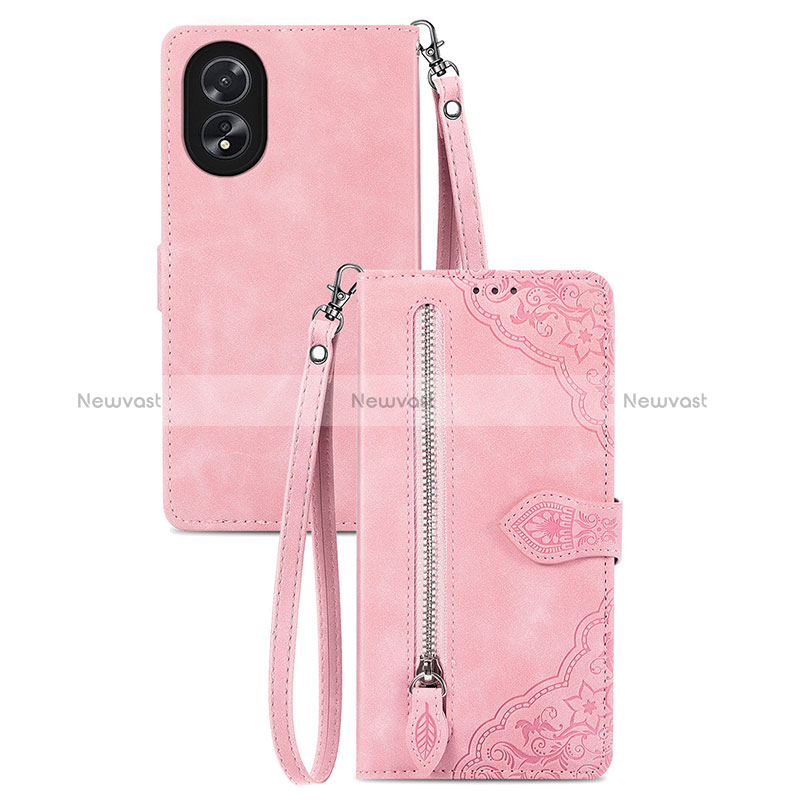 Leather Case Stands Flip Cover Holder S06D for Oppo A58 4G Pink