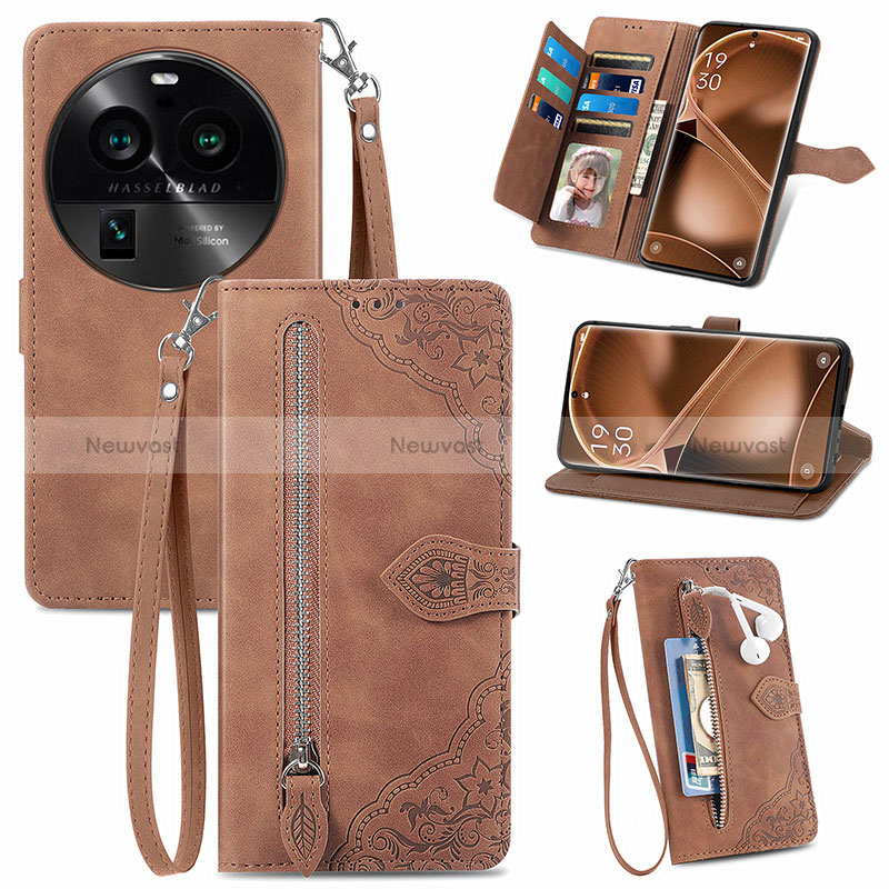 Leather Case Stands Flip Cover Holder S06D for Oppo Find X6 5G Brown