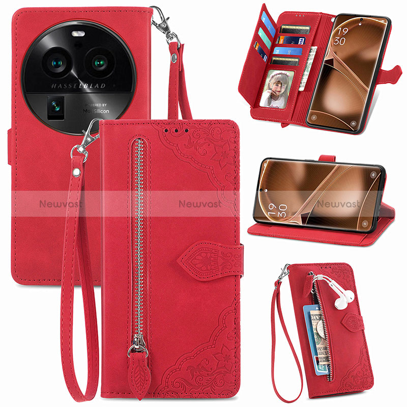 Leather Case Stands Flip Cover Holder S06D for Oppo Find X6 5G Red