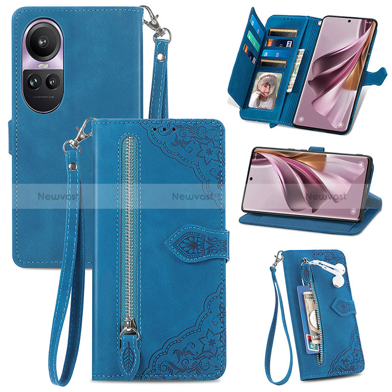 Leather Case Stands Flip Cover Holder S06D for Oppo Reno10 Pro 5G Blue