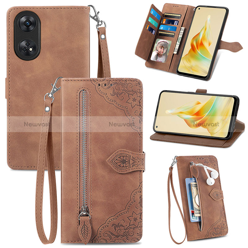 Leather Case Stands Flip Cover Holder S06D for Oppo Reno8 T 4G Brown