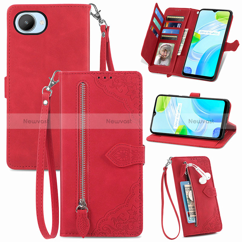 Leather Case Stands Flip Cover Holder S06D for Realme C30 Red