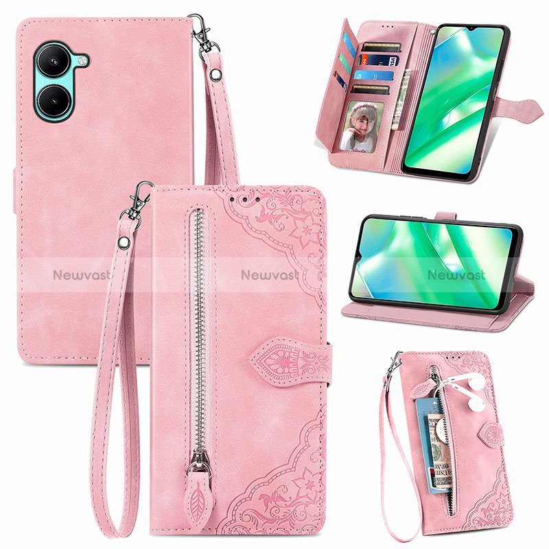 Leather Case Stands Flip Cover Holder S06D for Realme C33 Pink