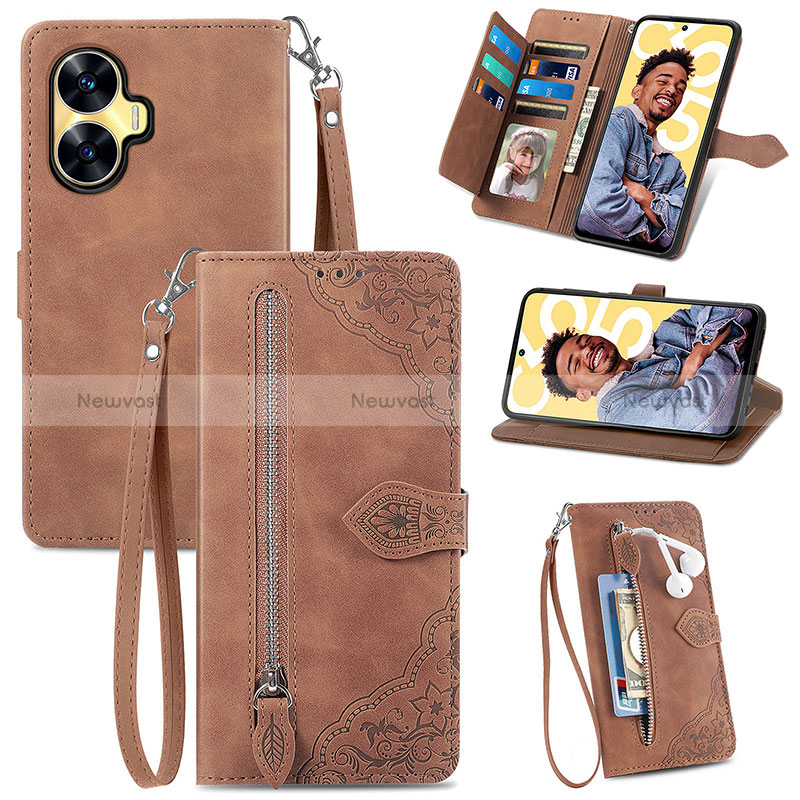 Leather Case Stands Flip Cover Holder S06D for Realme C55 Brown