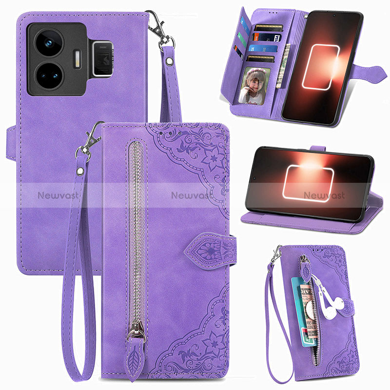 Leather Case Stands Flip Cover Holder S06D for Realme GT3 5G Purple