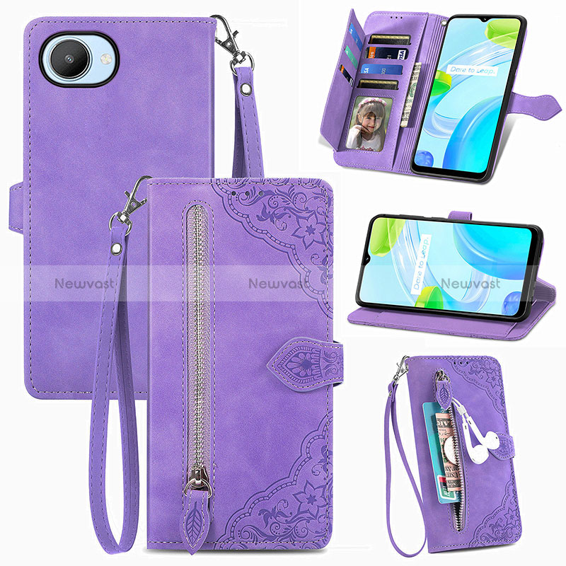 Leather Case Stands Flip Cover Holder S06D for Realme Narzo 50i Prime Purple