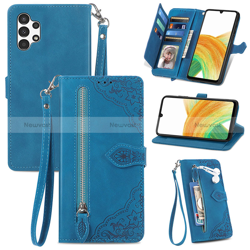 Leather Case Stands Flip Cover Holder S06D for Samsung Galaxy A13 4G Blue