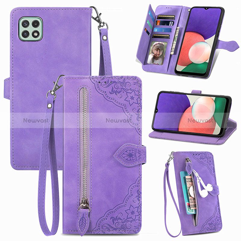 Leather Case Stands Flip Cover Holder S06D for Samsung Galaxy A22 5G Purple