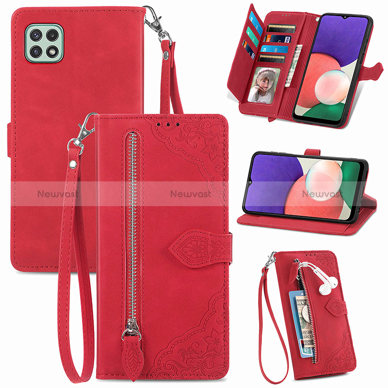 Leather Case Stands Flip Cover Holder S06D for Samsung Galaxy A22 5G Red