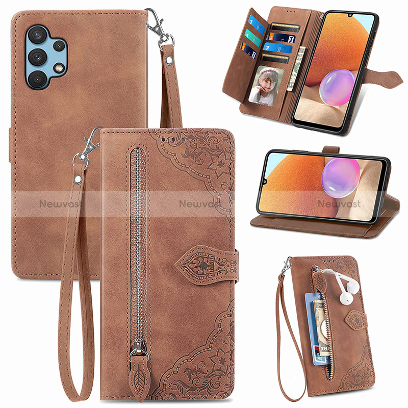 Leather Case Stands Flip Cover Holder S06D for Samsung Galaxy A32 4G Brown