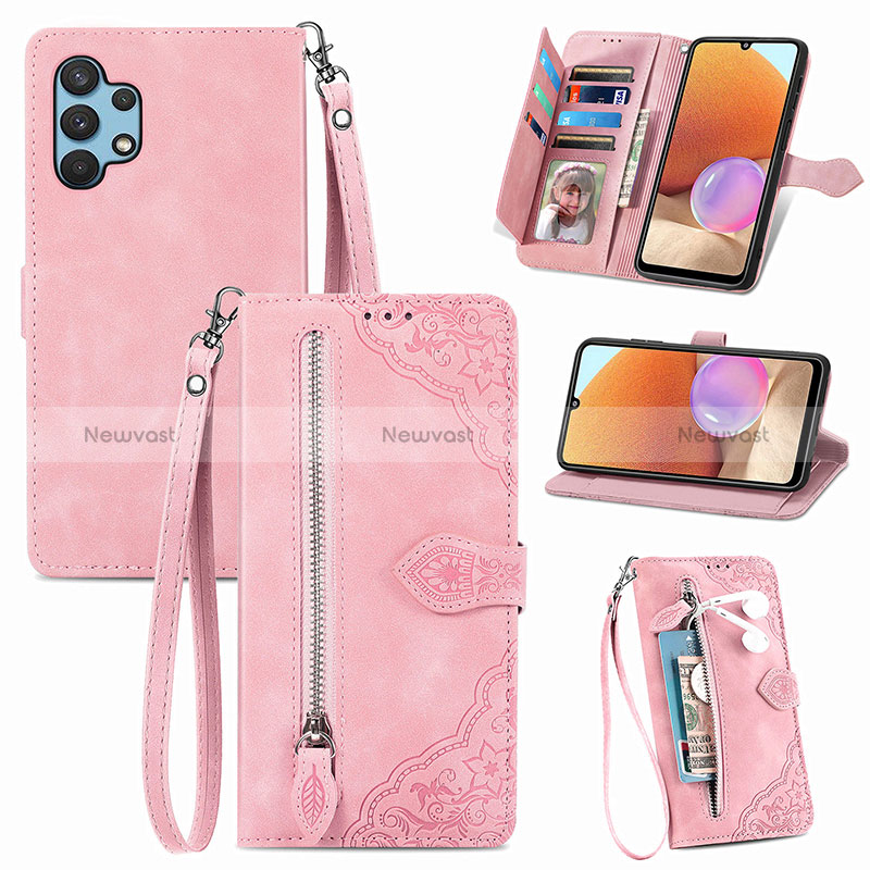 Leather Case Stands Flip Cover Holder S06D for Samsung Galaxy A32 4G Pink