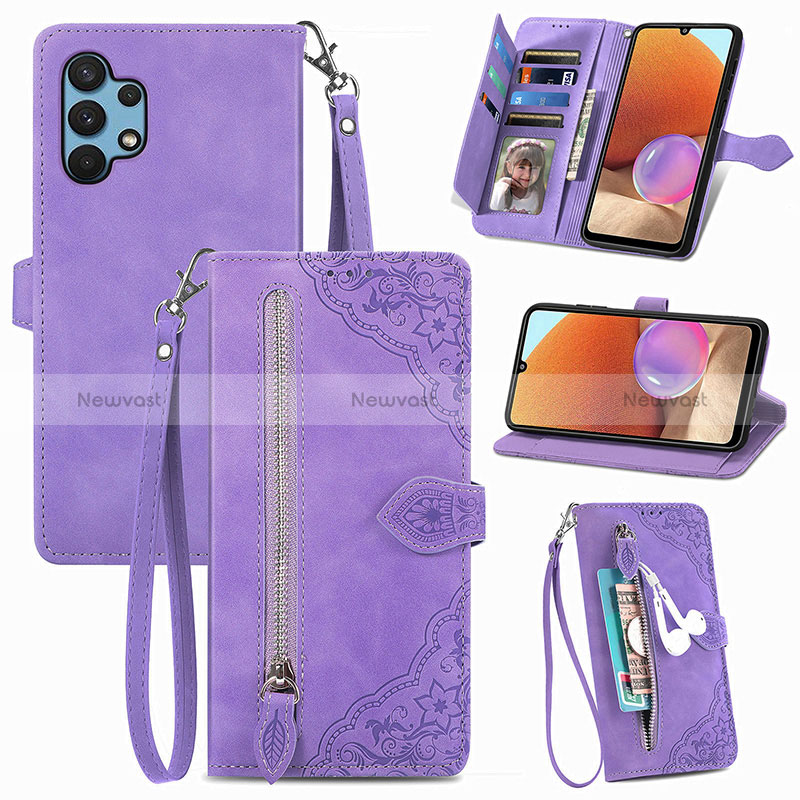 Leather Case Stands Flip Cover Holder S06D for Samsung Galaxy A32 5G Purple