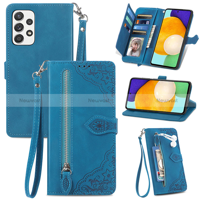 Leather Case Stands Flip Cover Holder S06D for Samsung Galaxy A52 5G Blue