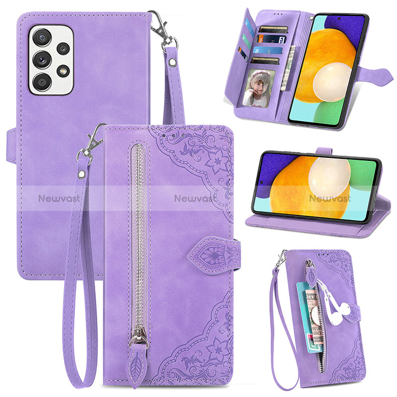 Leather Case Stands Flip Cover Holder S06D for Samsung Galaxy A52 5G Purple