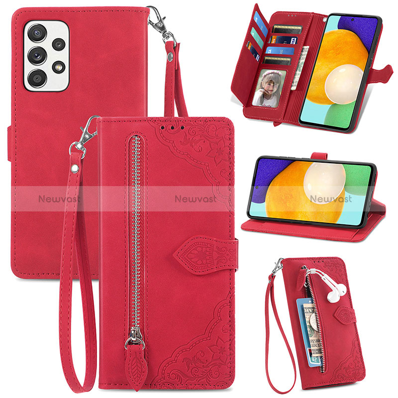 Leather Case Stands Flip Cover Holder S06D for Samsung Galaxy A52 5G Red