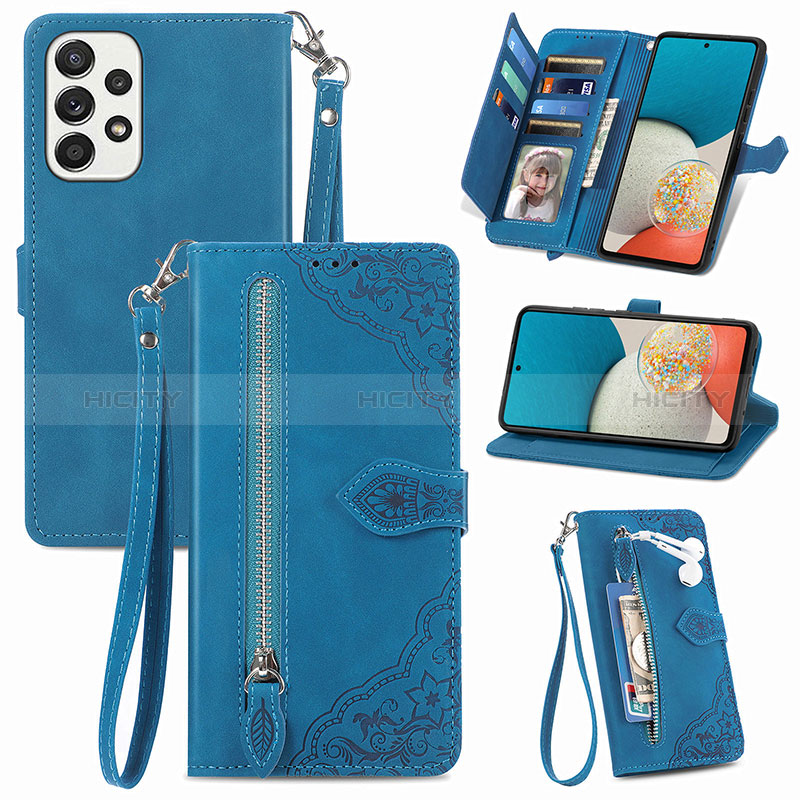 Leather Case Stands Flip Cover Holder S06D for Samsung Galaxy A53 5G Blue