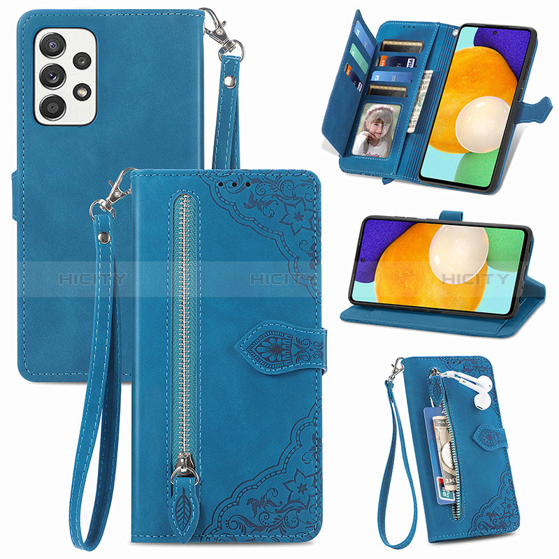 Leather Case Stands Flip Cover Holder S06D for Samsung Galaxy A72 4G Blue