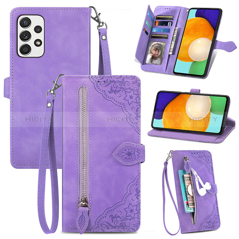 Leather Case Stands Flip Cover Holder S06D for Samsung Galaxy A72 4G Purple