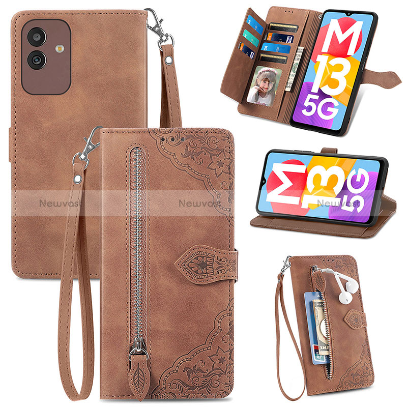 Leather Case Stands Flip Cover Holder S06D for Samsung Galaxy M13 5G Brown