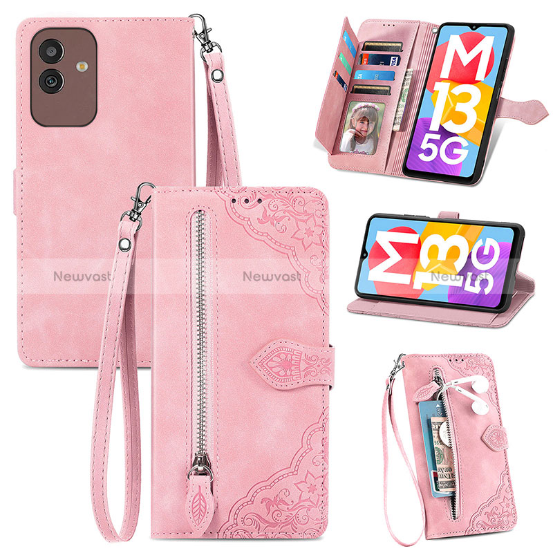 Leather Case Stands Flip Cover Holder S06D for Samsung Galaxy M13 5G Pink