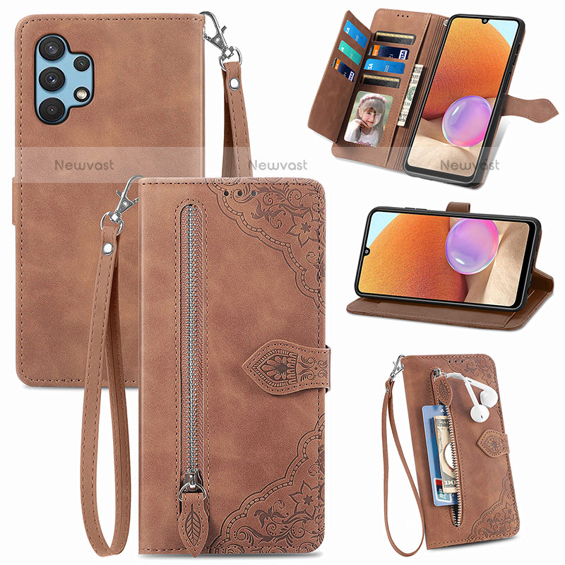 Leather Case Stands Flip Cover Holder S06D for Samsung Galaxy M32 5G Brown