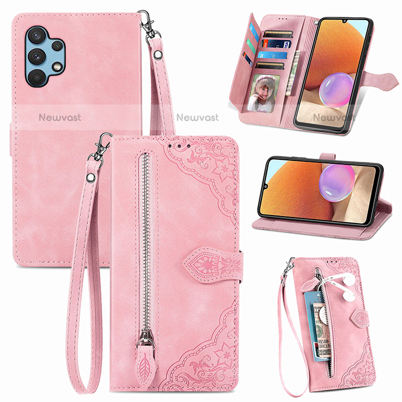 Leather Case Stands Flip Cover Holder S06D for Samsung Galaxy M32 5G Pink