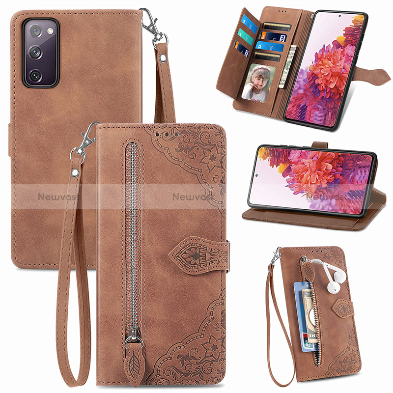 Leather Case Stands Flip Cover Holder S06D for Samsung Galaxy S20 FE (2022) 5G Brown