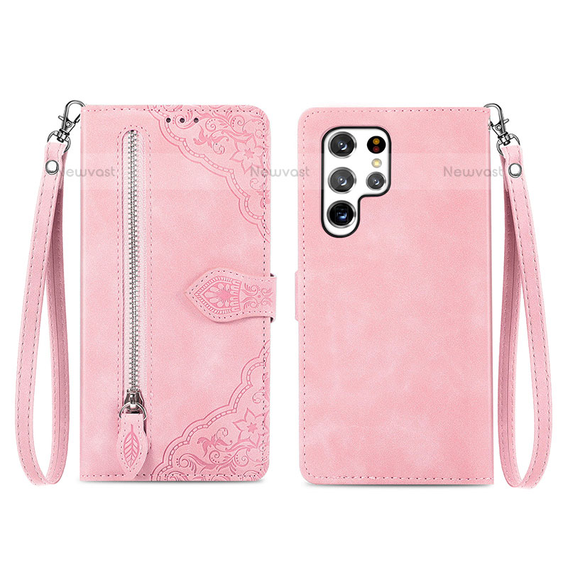 Leather Case Stands Flip Cover Holder S06D for Samsung Galaxy S23 Ultra 5G Rose Gold