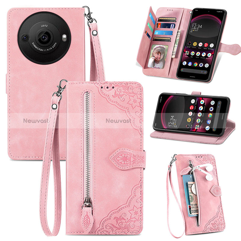 Leather Case Stands Flip Cover Holder S06D for Sharp Aquos R8 Pro Pink