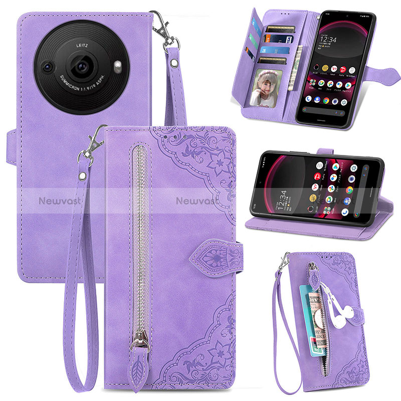 Leather Case Stands Flip Cover Holder S06D for Sharp Aquos R8 Pro Purple