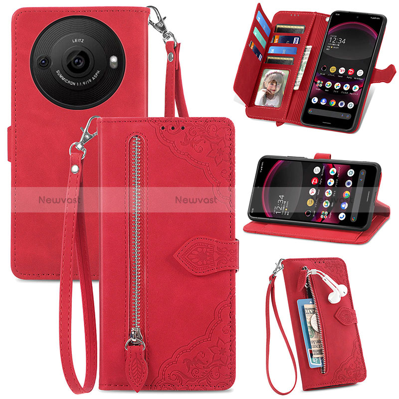 Leather Case Stands Flip Cover Holder S06D for Sharp Aquos R8 Pro Red