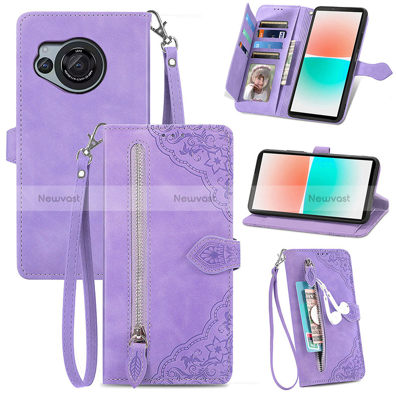 Leather Case Stands Flip Cover Holder S06D for Sharp Aquos R8s Purple