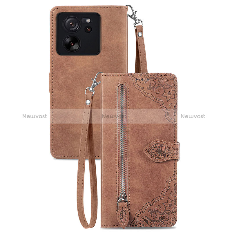 Leather Case Stands Flip Cover Holder S06D for Xiaomi Mi 13T 5G Brown