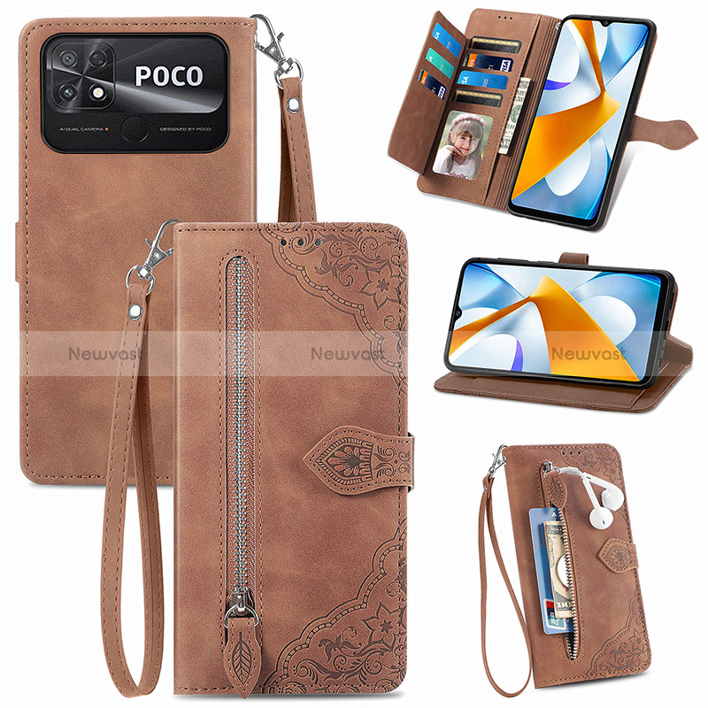 Leather Case Stands Flip Cover Holder S06D for Xiaomi Poco C40 Brown