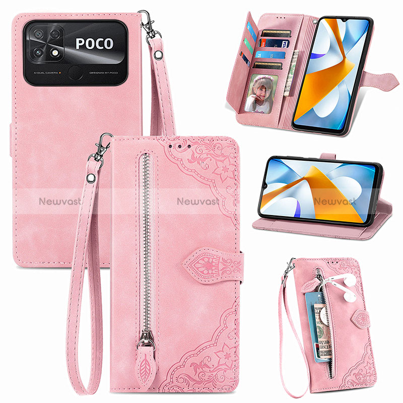 Leather Case Stands Flip Cover Holder S06D for Xiaomi Poco C40 Pink