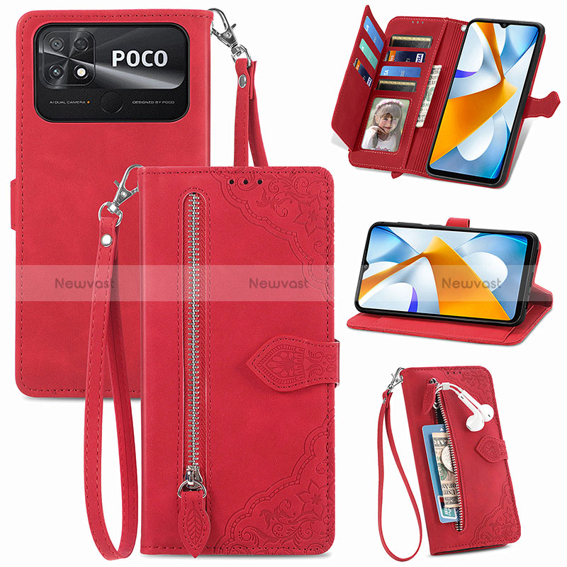 Leather Case Stands Flip Cover Holder S06D for Xiaomi Poco C40 Red