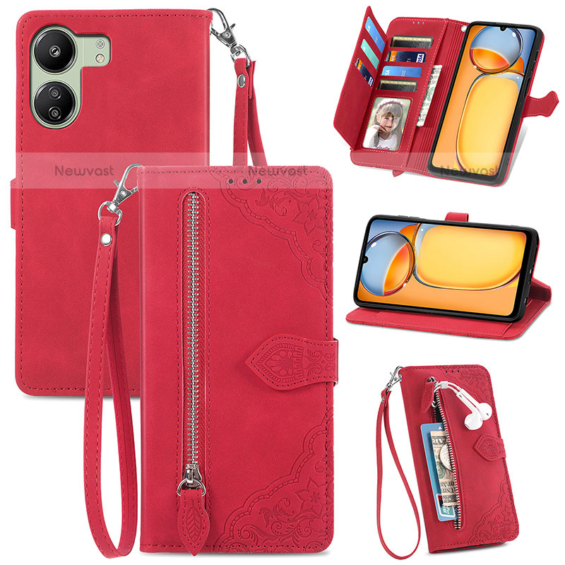 Leather Case Stands Flip Cover Holder S06D for Xiaomi Poco C65 Red