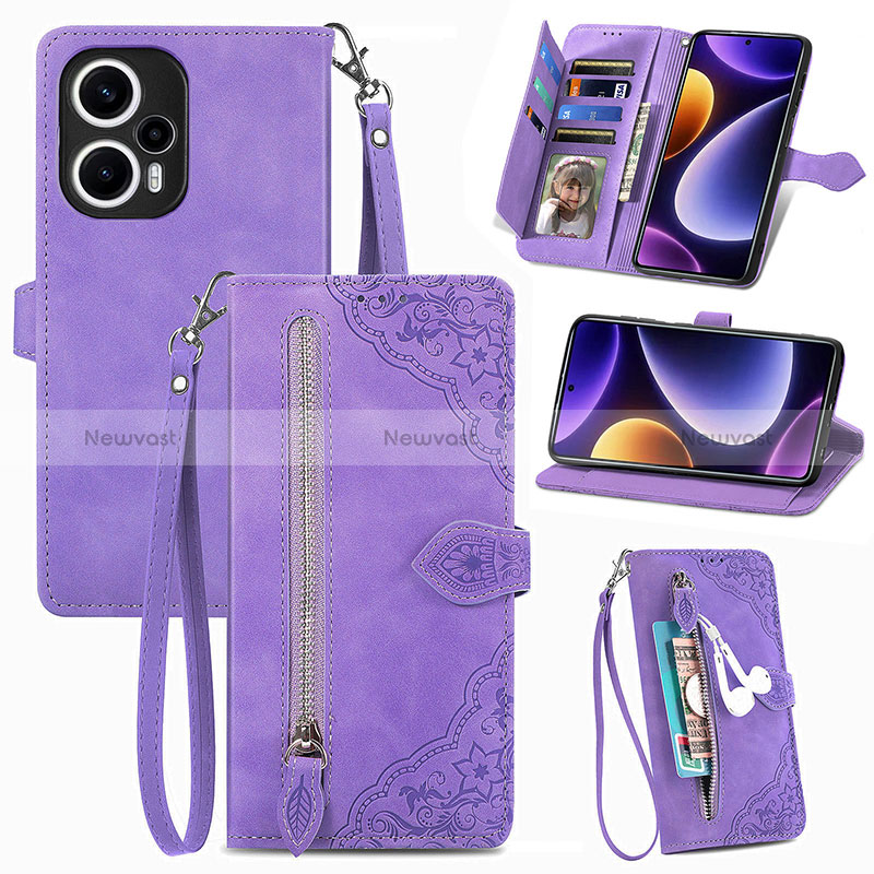 Leather Case Stands Flip Cover Holder S06D for Xiaomi Poco F5 5G Purple