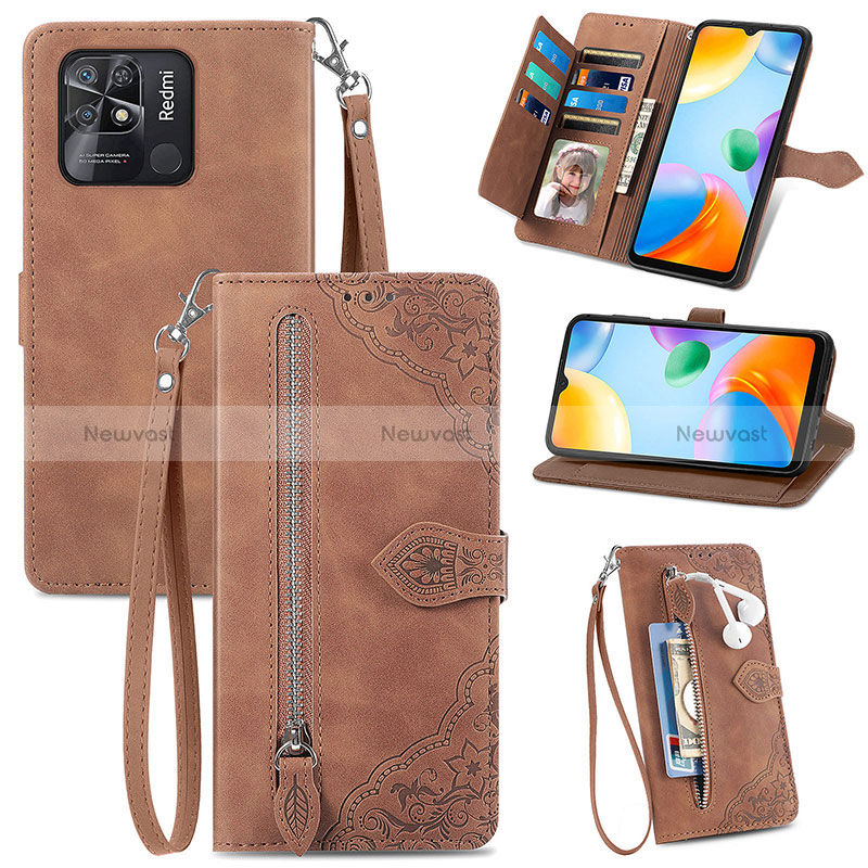 Leather Case Stands Flip Cover Holder S06D for Xiaomi Redmi 10 India Brown