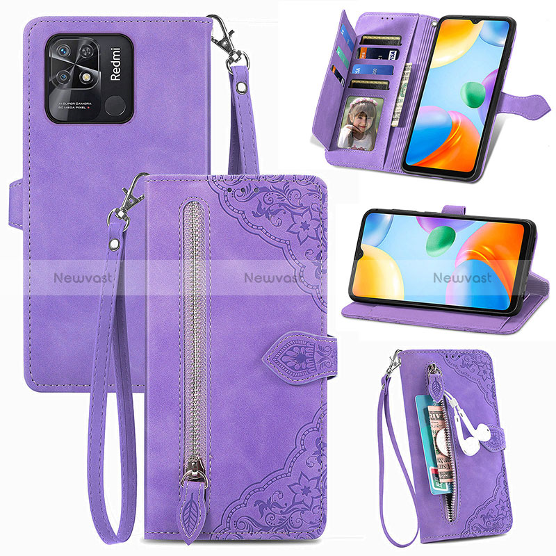 Leather Case Stands Flip Cover Holder S06D for Xiaomi Redmi 10 India Purple