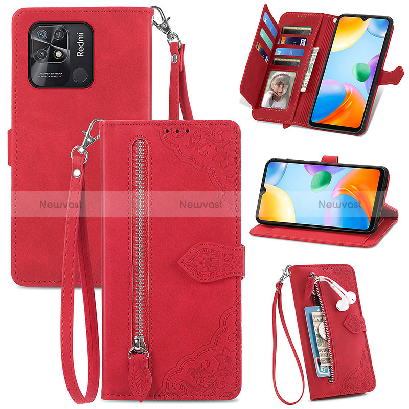Leather Case Stands Flip Cover Holder S06D for Xiaomi Redmi 10 India Red